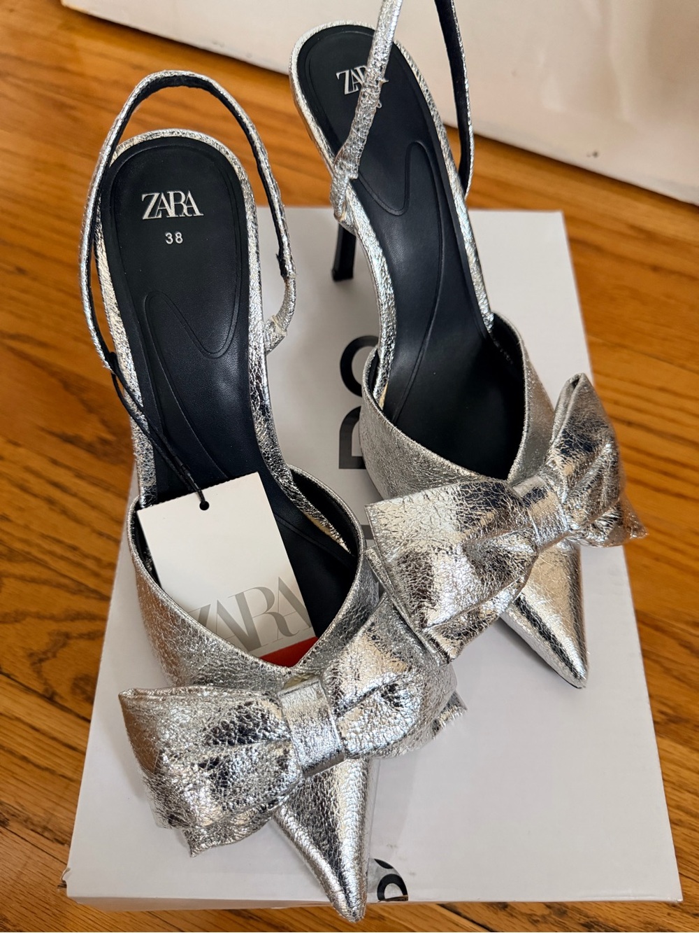 ZARA Silver Metallic Bow Slingback Heels | EU 38 / US 7.5